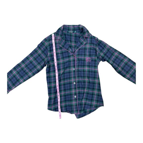 Lauren Ralph Lauren Blue Pink Flannel Pjs Top Pant Monogram RLR Classic EUC Sz S - Picture 2 of 9